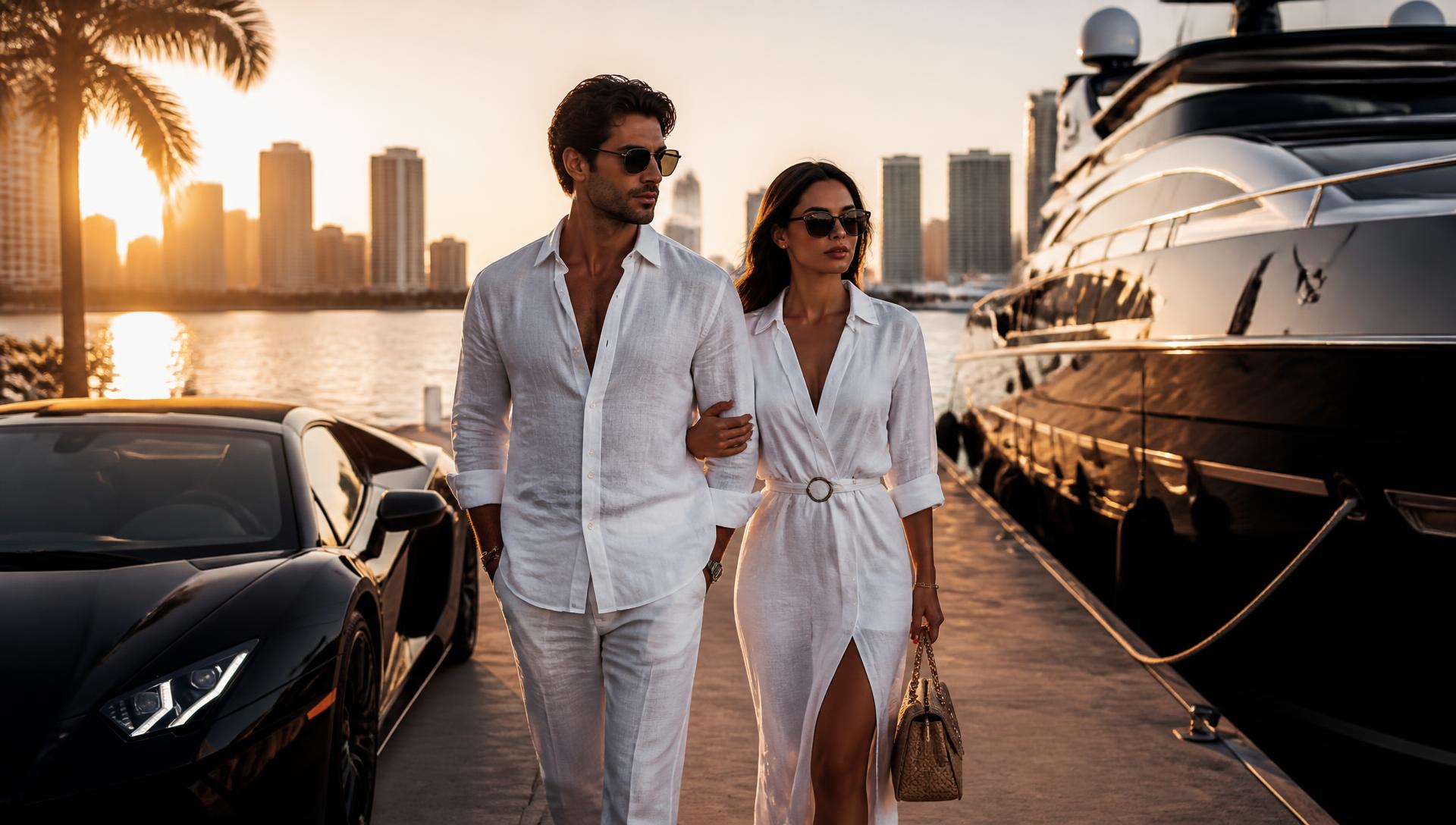 Couple walking a Miami marina dock beside a luxury yacht and exotic car at sunset