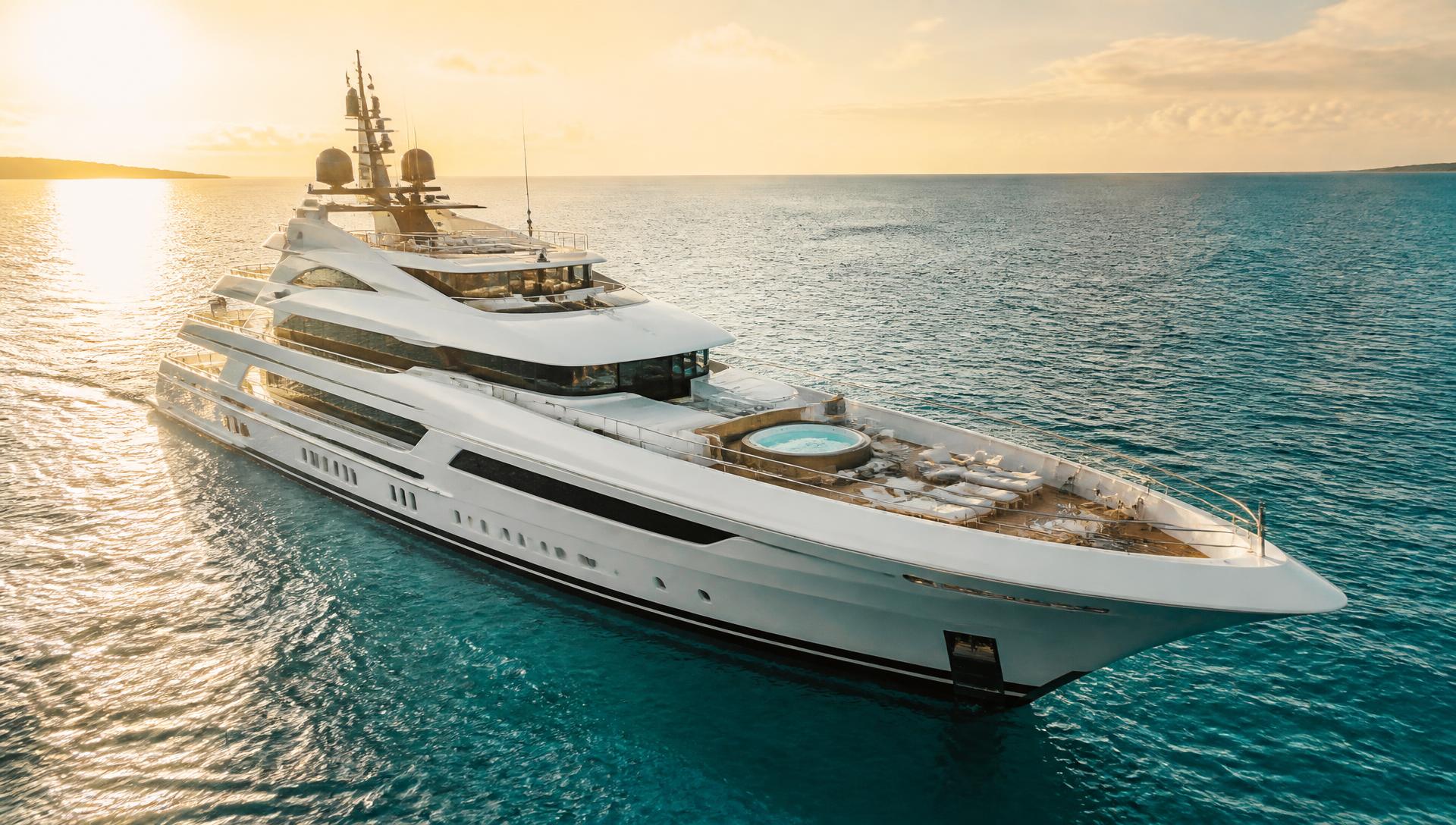 200 foot luxury superyacht cruising on turquoise water at golden hour